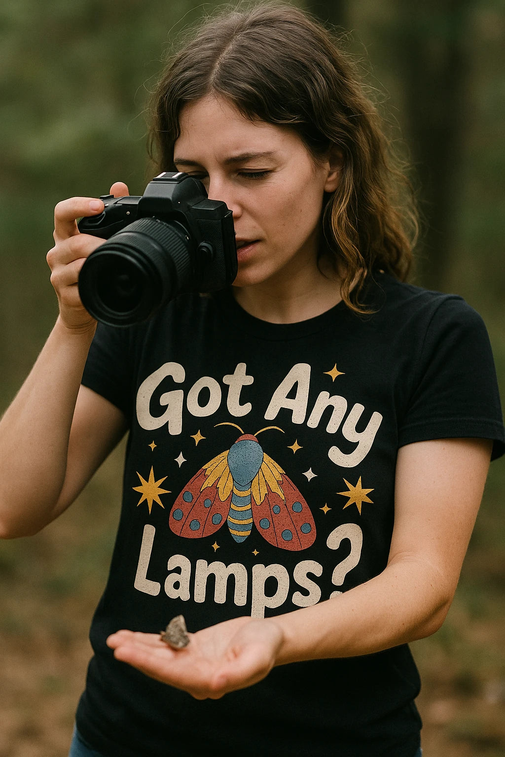 "Got Any Lamps" black moth t shirt, photographed as gifts for moth lovers