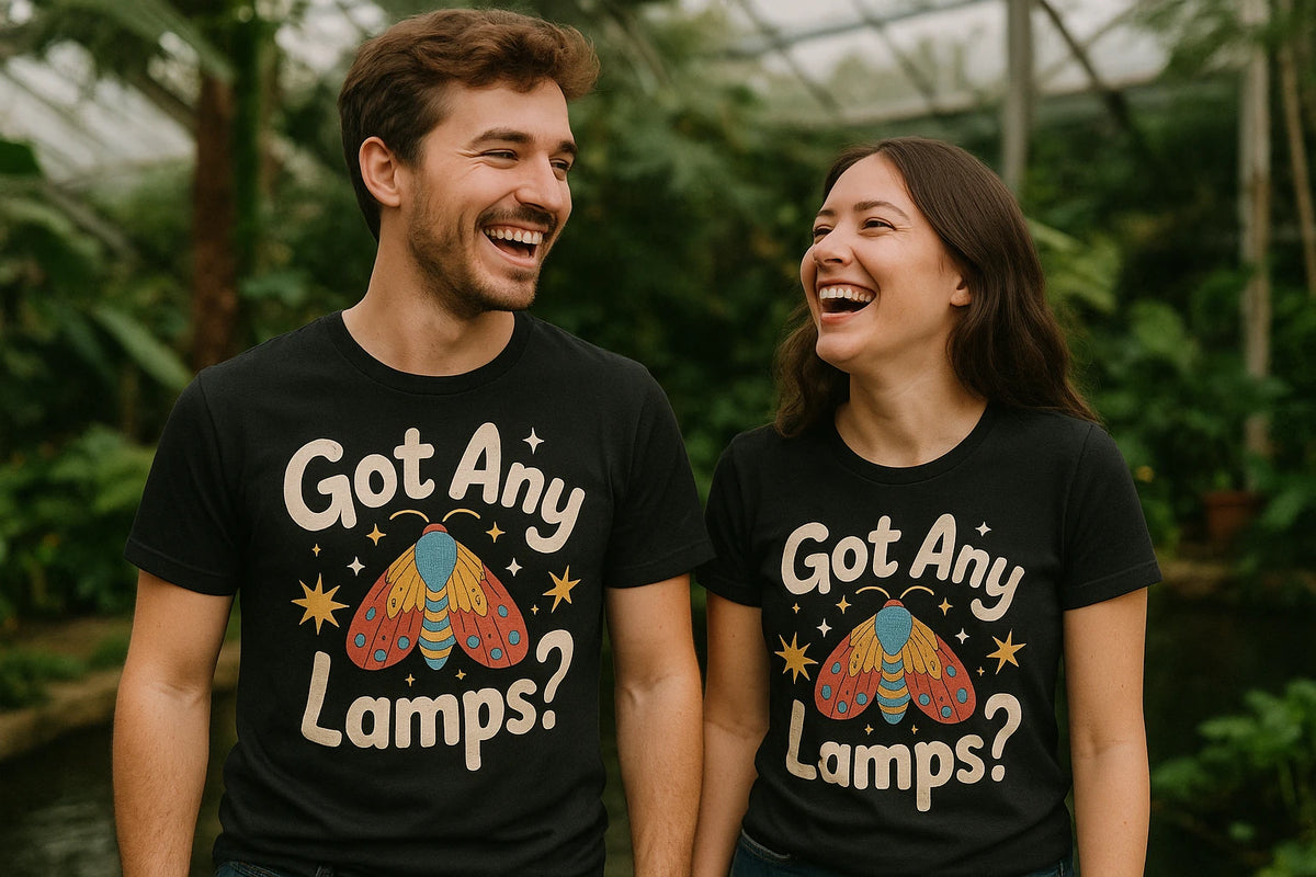 Person wearing the black moth t shirt graphic tee - "Got Any Lamps" design