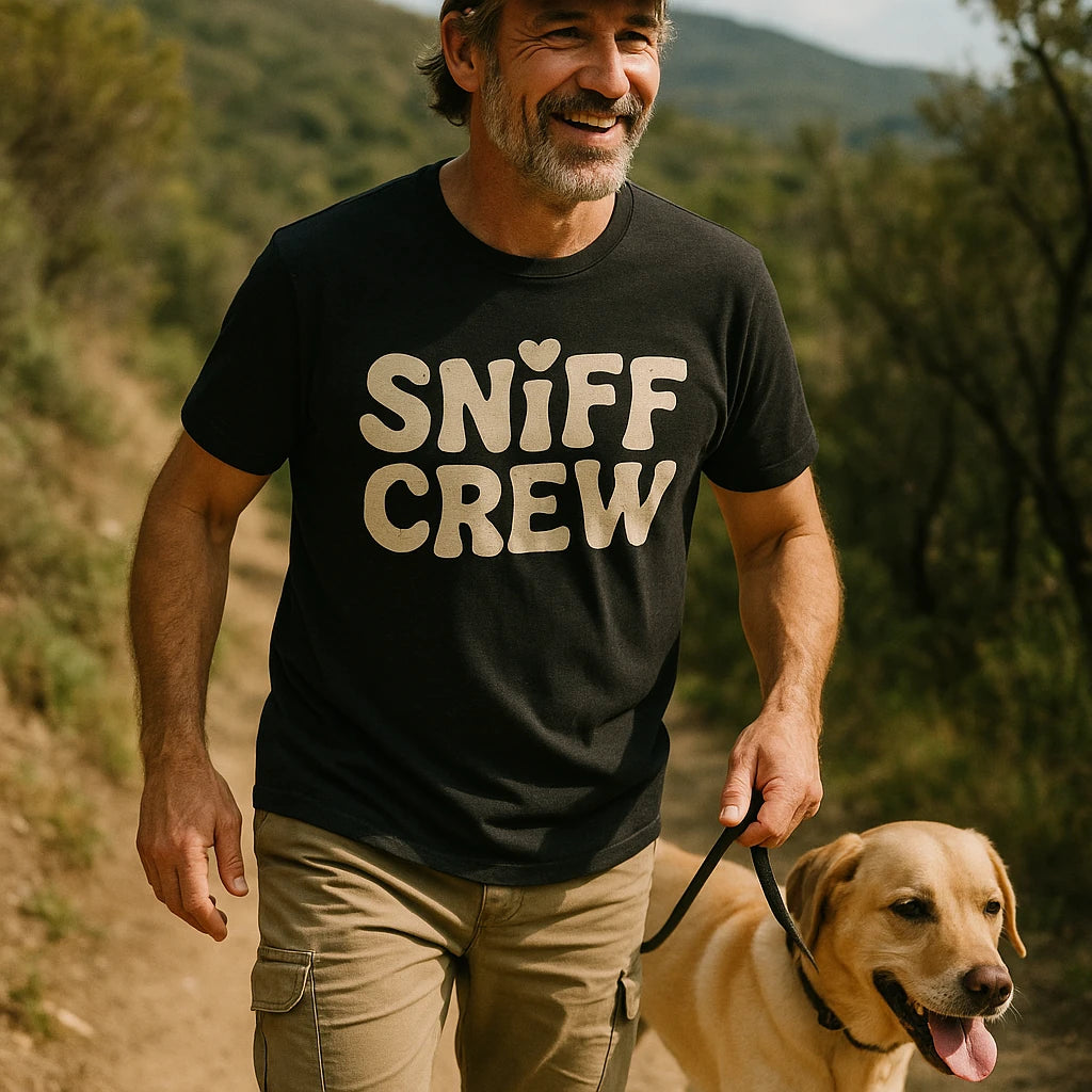 "Sniff Crew" black funny t shirts for dog lovers, photographed as dog lovers lover gift