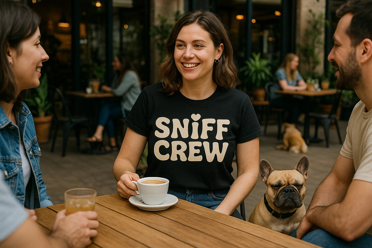 Lifestyle shot of the "Sniff Crew" black funny t shirts for dog lovers in a real-world setting