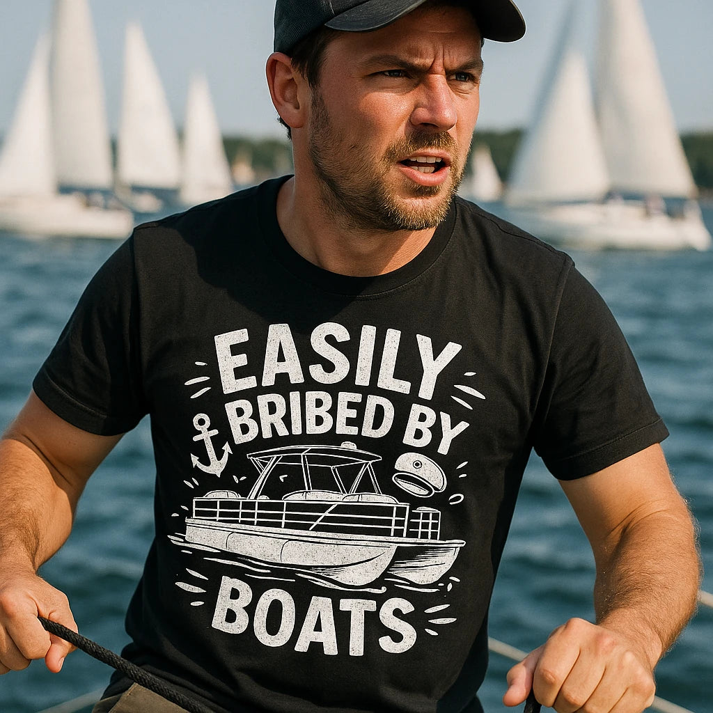 "Easily Bribed By Boats" black custom boat shirts - also one of the gifts for boat enthusiasts