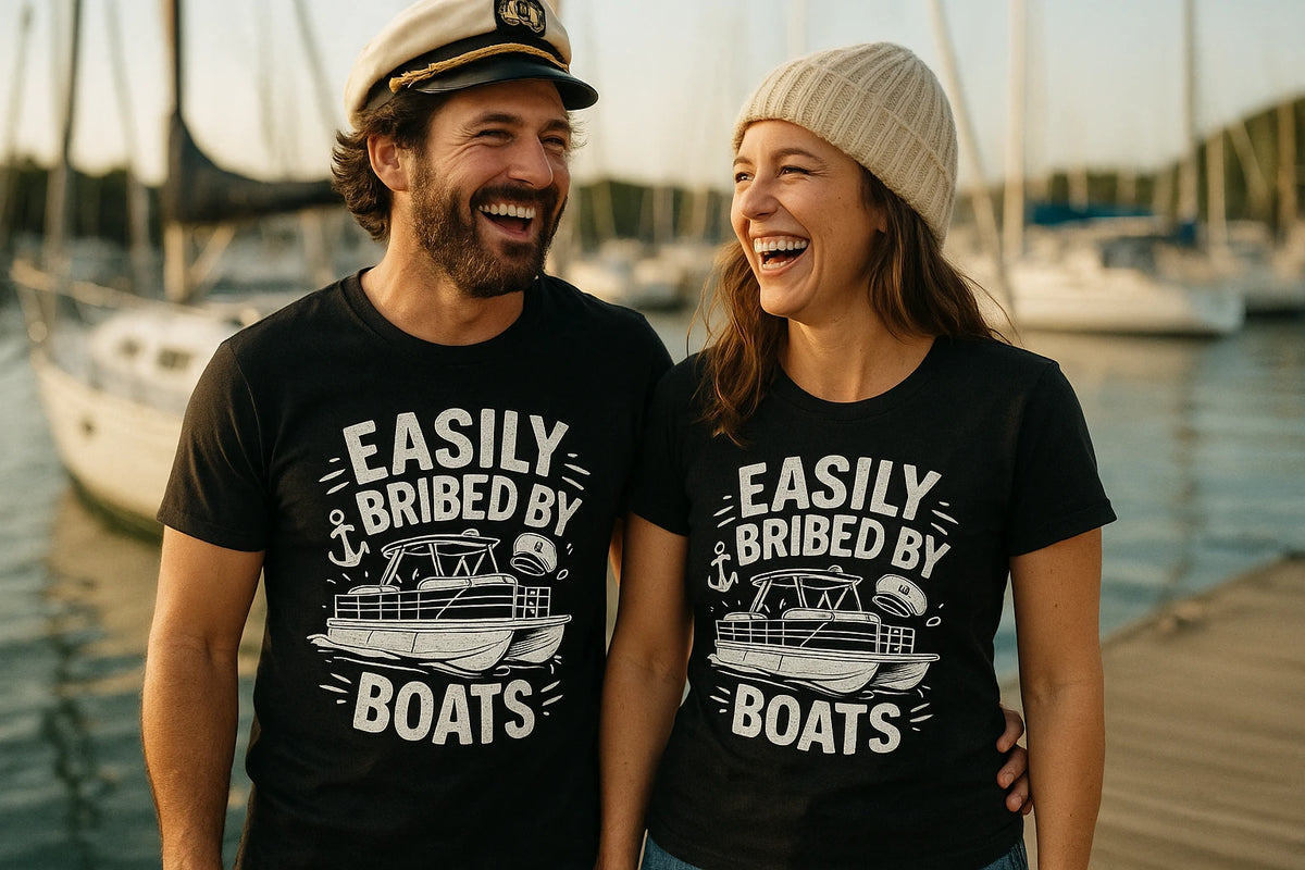 Person wearing the black custom boat shirts graphic tee - "Easily Bribed By Boats" design