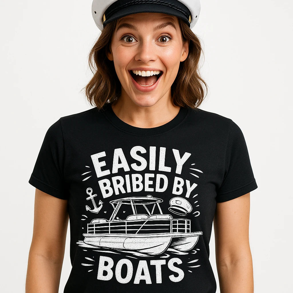 Close-up of the "Easily Bribed By Boats" white print on a premium Bella+Canvas black custom boat shirts