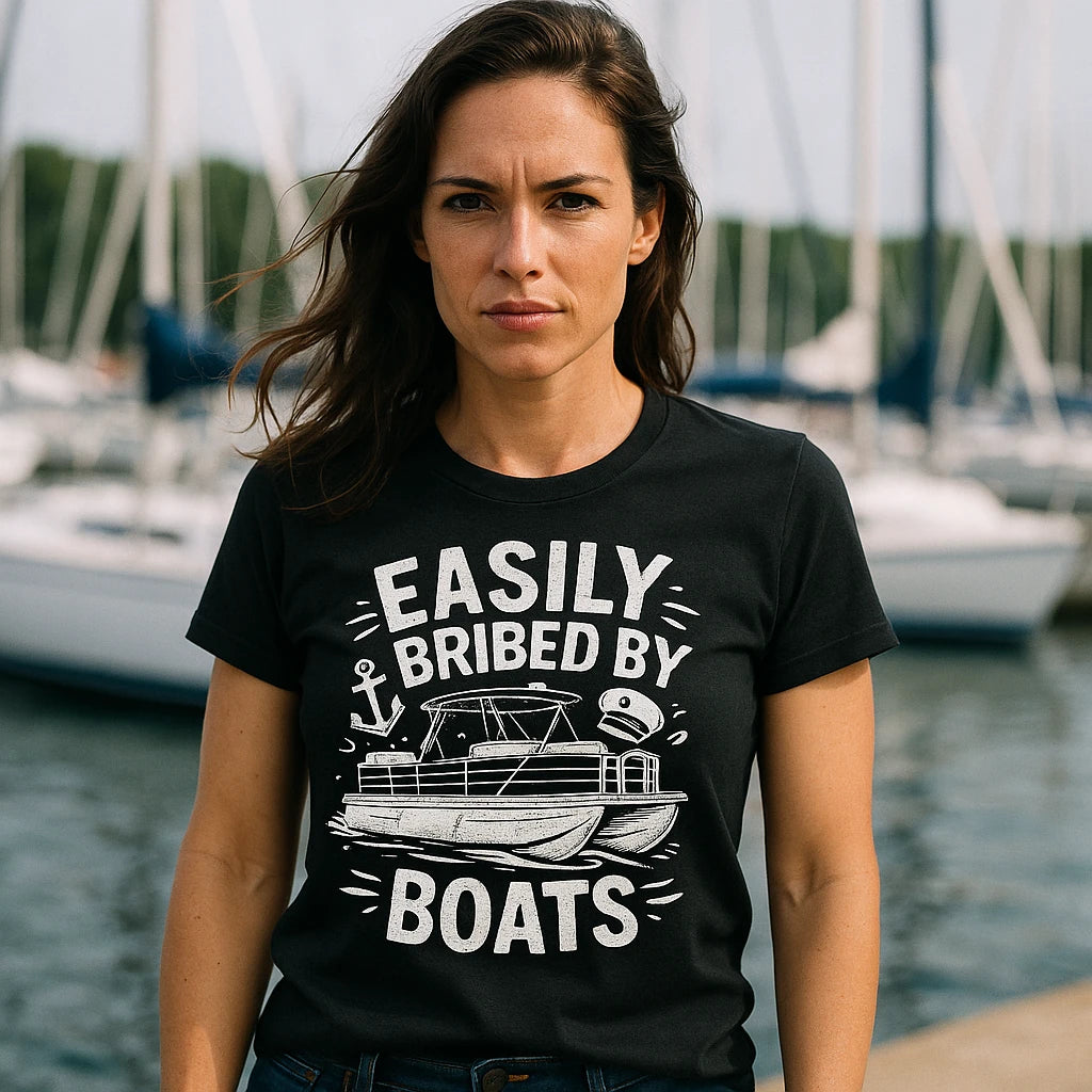 "Easily Bribed By Boats" black custom boat shirts - also a boat owner gift ideas