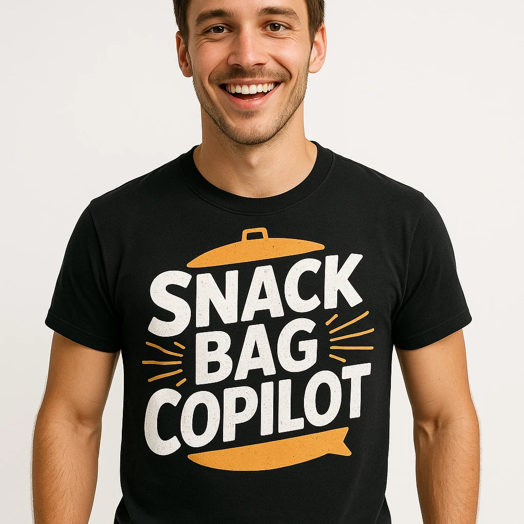 Close-up of the "Snack Bag Copilot" white print on a premium Bella+Canvas black road trip shirts