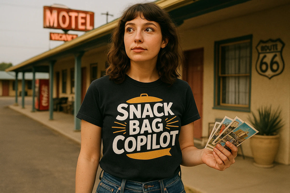 Lifestyle shot of the "Snack Bag Copilot" black road trip shirts in a real-world setting