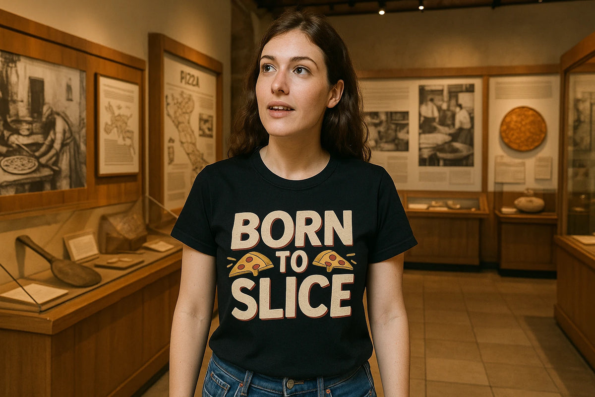 Lifestyle shot of the "Born To Slice" black pizza t shirt in a real-world setting