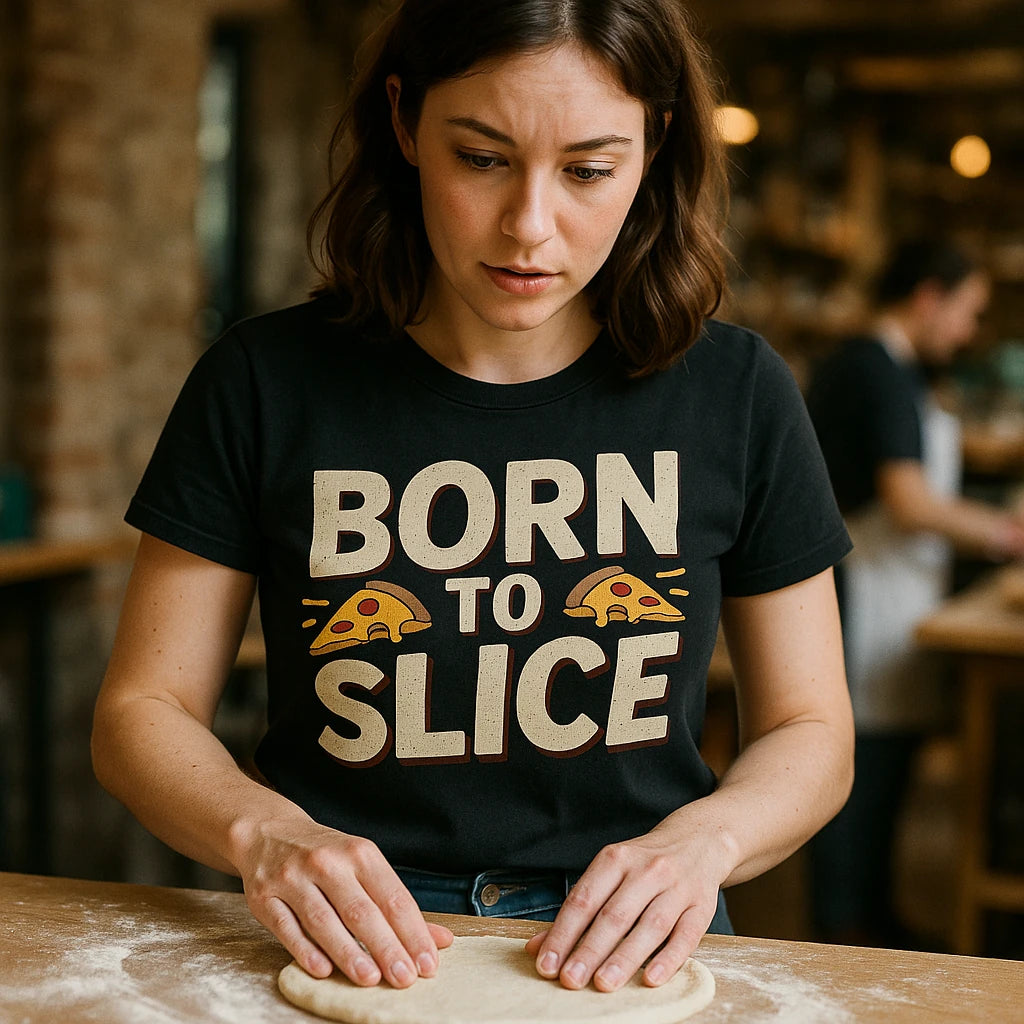"Born To Slice" black pizza t shirt, photographed as presents for pizza lovers