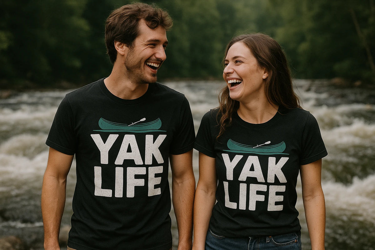 Person wearing the black red canoe t shirt graphic tee - "Yak Life" design