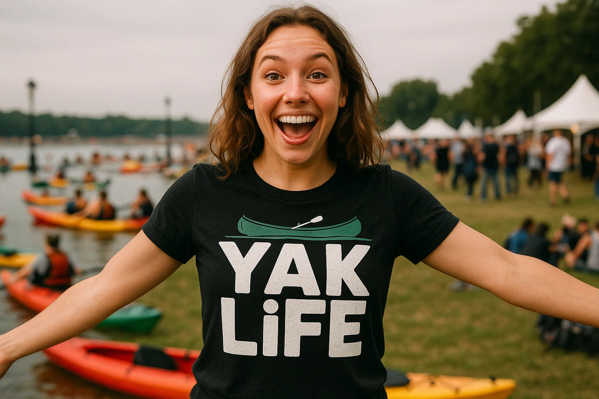 Lifestyle shot of the "Yak Life" black red canoe t shirt in a real-world setting
