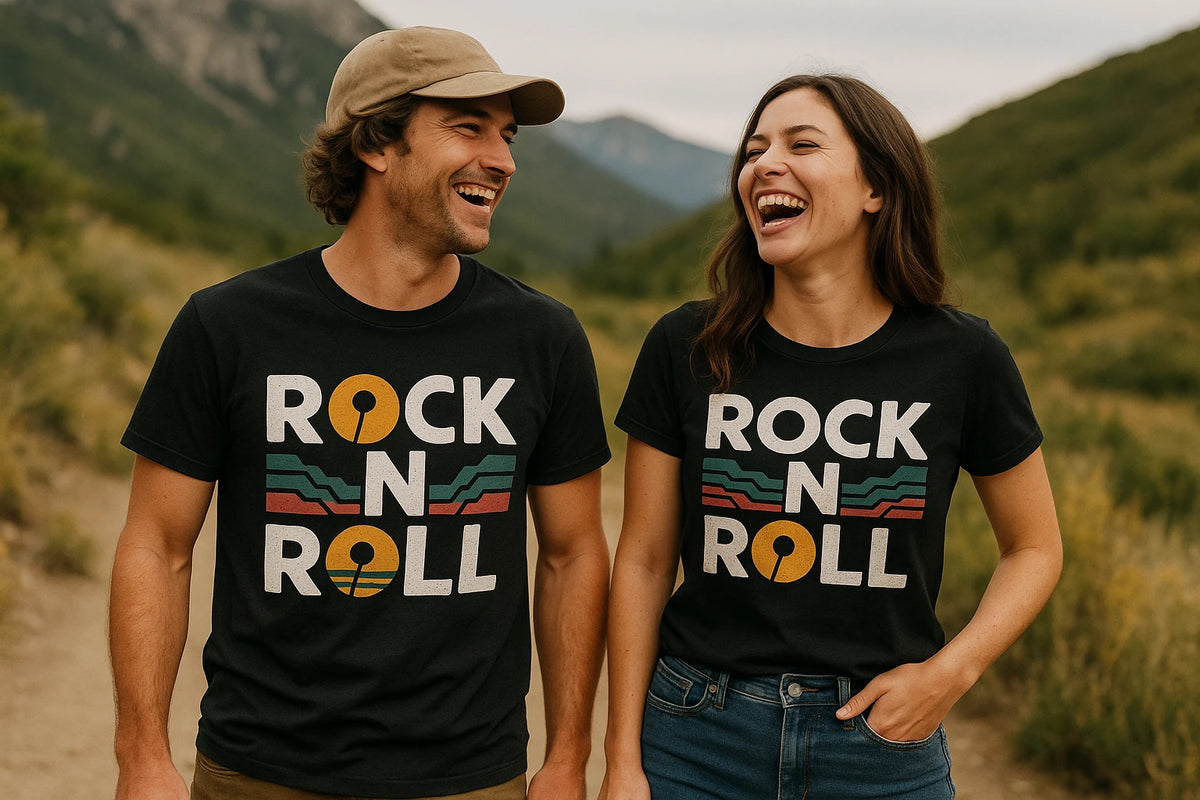 Person wearing the black trail running t shirt graphic tee - "Rock N Roll" design