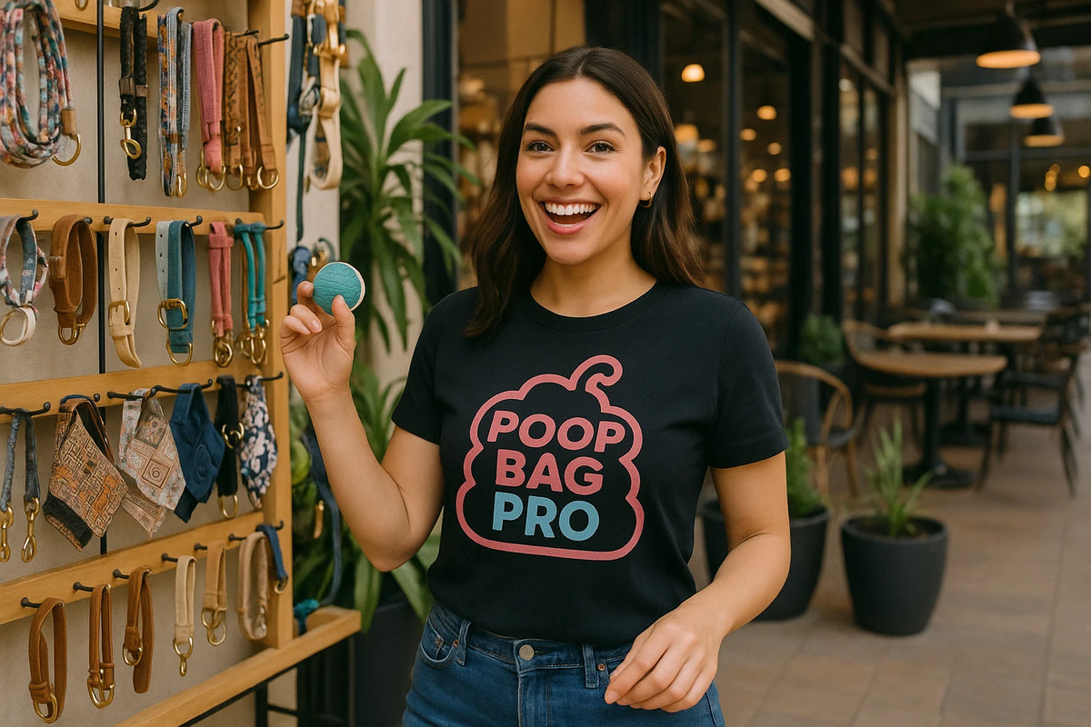 Lifestyle shot of the "Poop Bag Pro" black animal lovers t shirts in a real-world setting