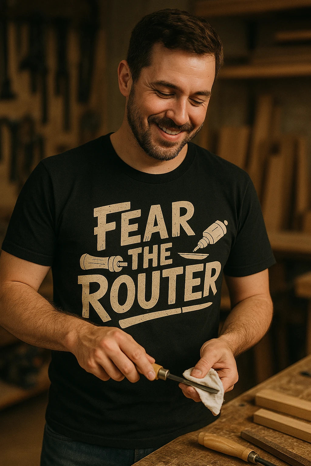 "Fear the Router" black woodworking t shirt - also one of the presents for woodworkers