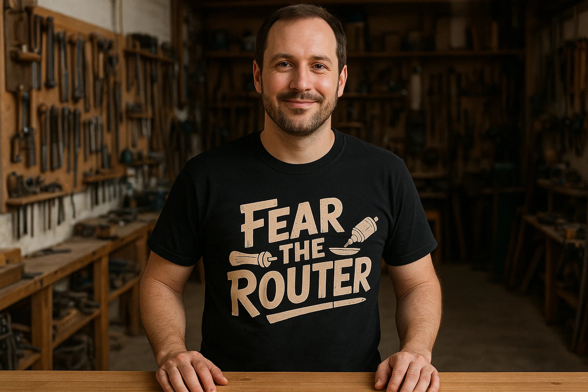 Lifestyle shot of the "Fear the Router" black woodworking t shirt in a real-world setting