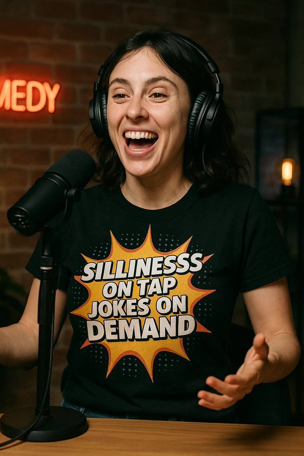 "Silliness on Tap Jokes on Demand" black comedy t shirt, photographed as gifts for comedy lovers