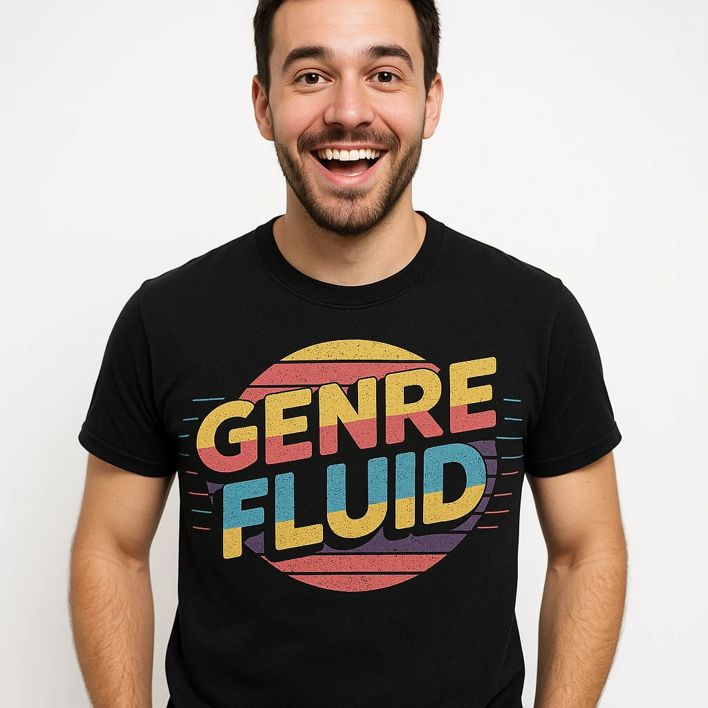 Close-up of the "Genre Fluid" gold print on a premium Bella+Canvas black music t shirt
