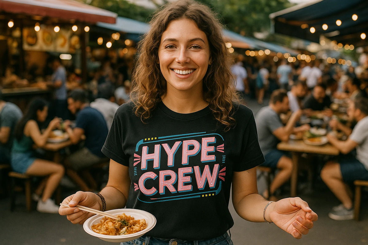 Lifestyle shot of the "Hype Crew" black socializing t shirt in a real-world setting