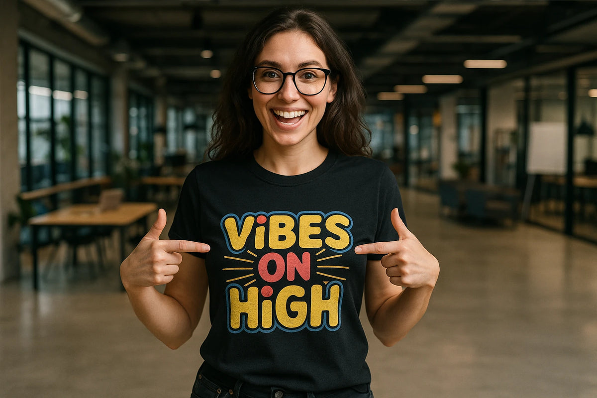Lifestyle shot of the "Vibes on High" black growth mindset tshirts in a real-world setting
