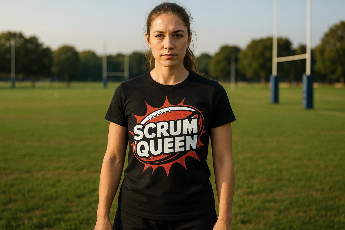 Lifestyle shot of the "Scrum Queen" black mens rugby shirts in a real-world setting