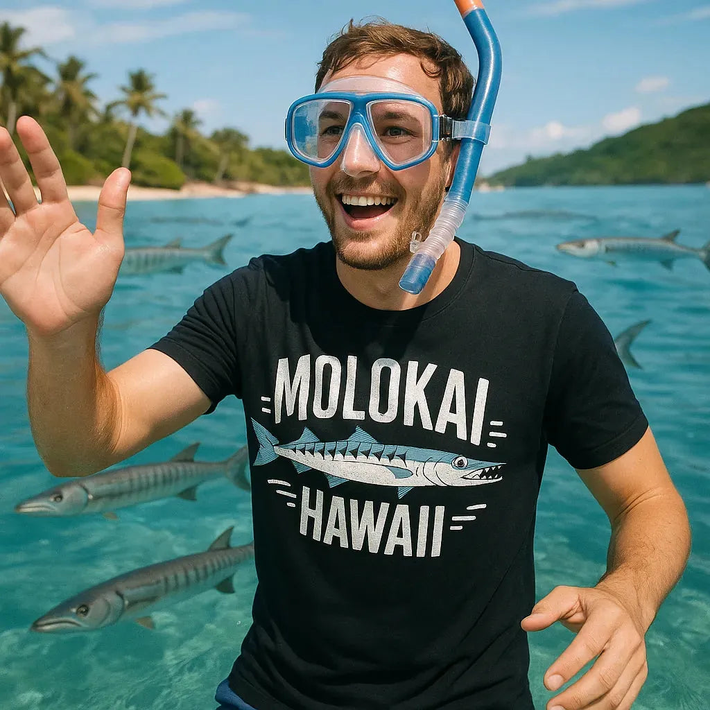 "Molokai Hawaii" minimalist geometric barracuda t shirt - product photo 8
