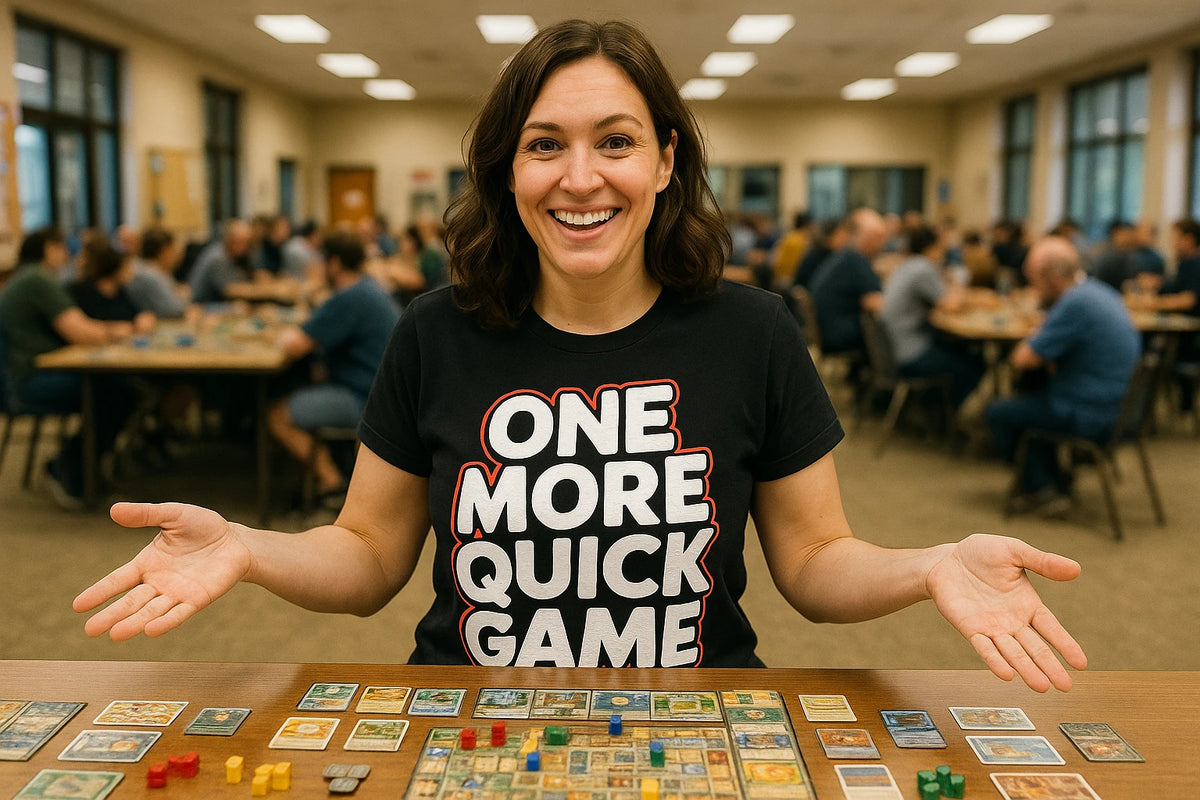 Lifestyle shot of the "One More Quick Game" black board game t shirt in a real-world setting
