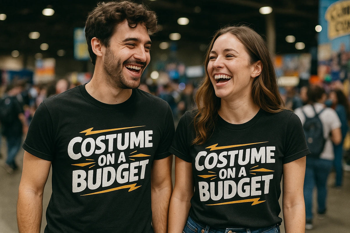 Person wearing the black costume t shirt graphic tee - "Costume on a Budget" design