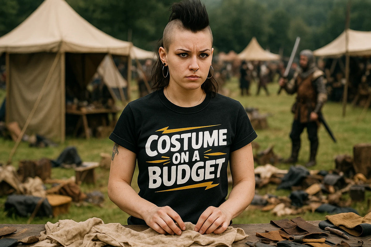Lifestyle shot of the "Costume on a Budget" black costume t shirt in a real-world setting