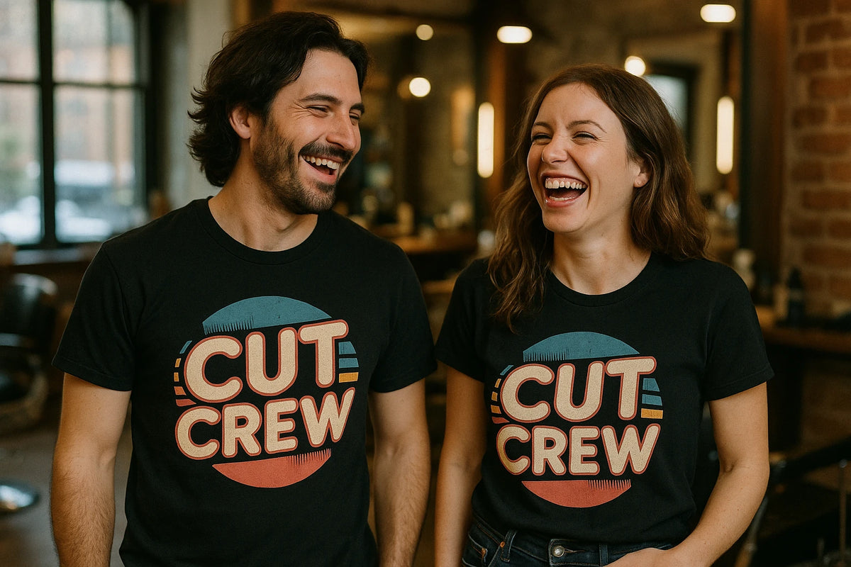 Person wearing the black funny hairdresser shirts graphic tee - "Cut Crew" design