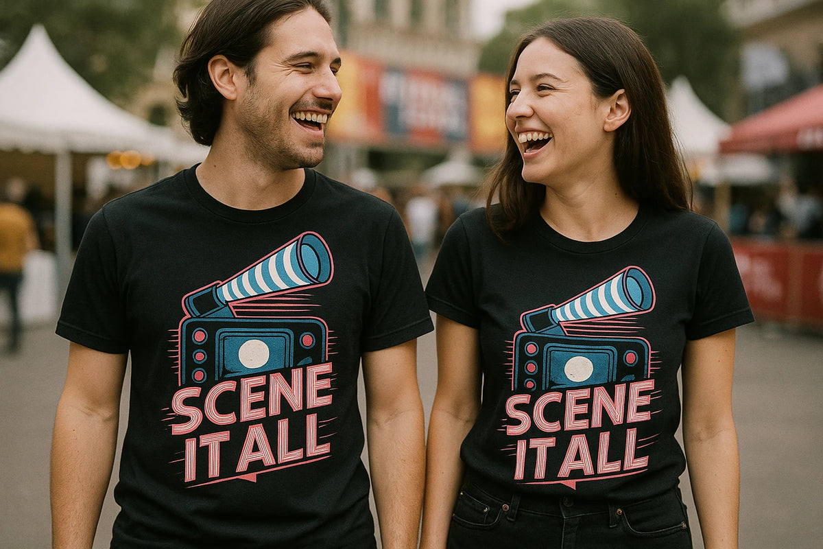 Person wearing the black graphic tee graphic tee - "Scene It All" design