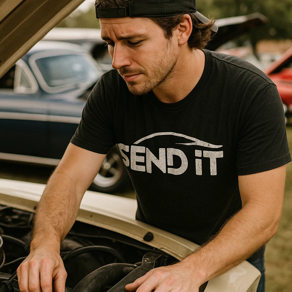 "Send It" black car t shirt, photographed as best gift for car lovers