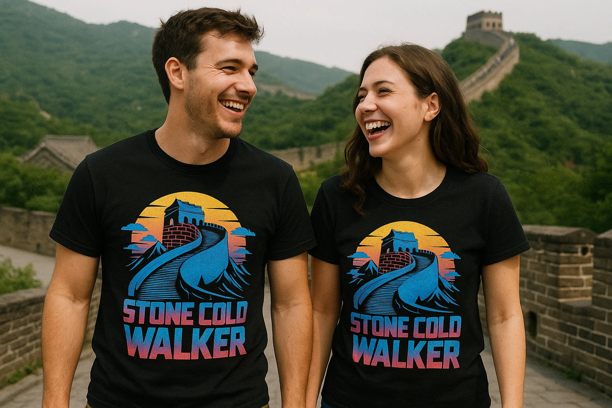 Person wearing the black the great wall of china t shirt graphic tee - "Stone Cold Walker" design