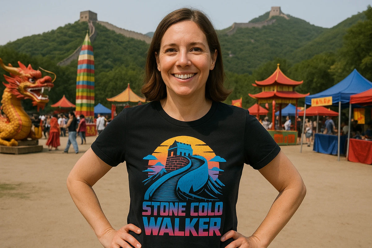 Lifestyle shot of the "Stone Cold Walker" black the great wall of china t shirt in a real-world setting