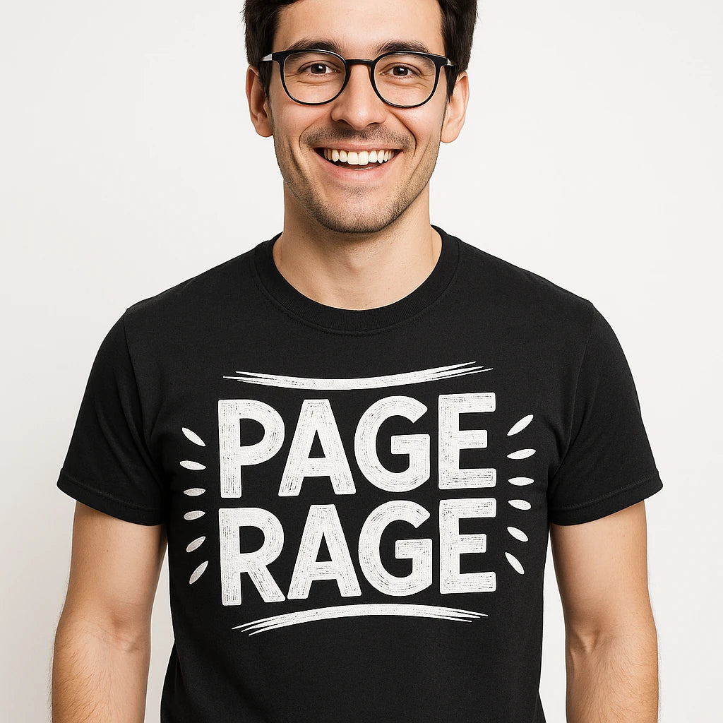 Close-up of the "Page Rage" white print on a premium Bella+Canvas black studying shirts