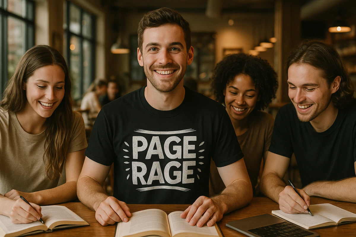 Lifestyle shot of the "Page Rage" black studying shirts in a real-world setting