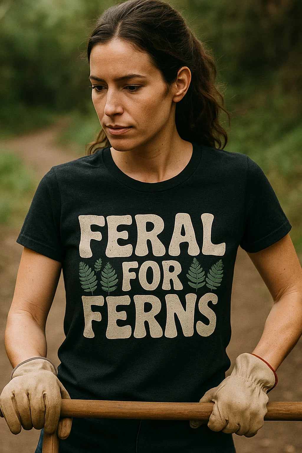 "Feral for Ferns" black nature walk t shirt, photographed as nature walk lover gift