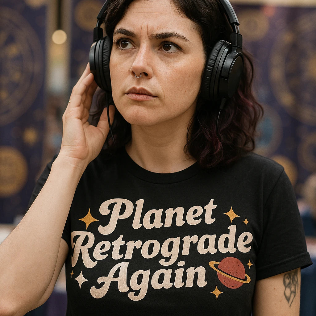 "Planet Retrograde Again" black astrology shirts, photographed as presents for astrology lovers