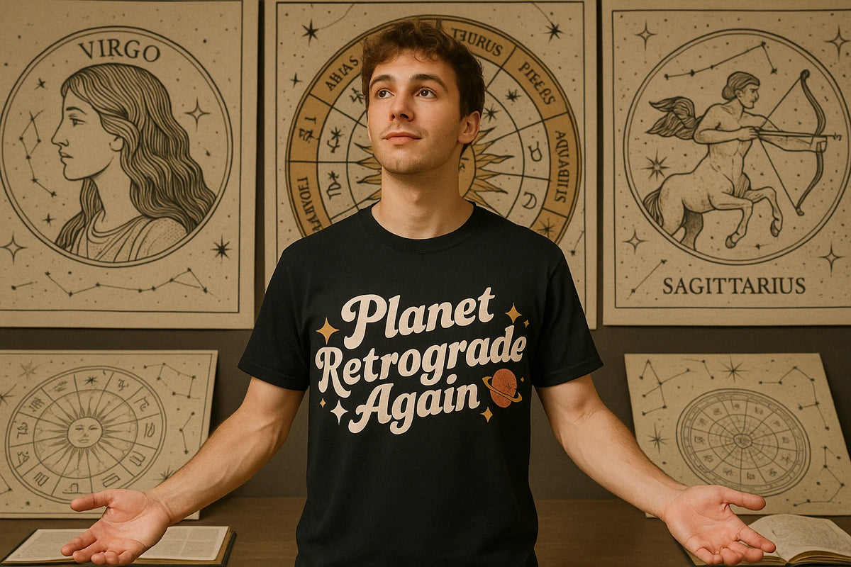 Lifestyle shot of the "Planet Retrograde Again" black astrology shirts in a real-world setting