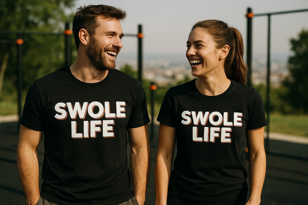 Person wearing the black exercising shirts graphic tee - "Swole Life" design