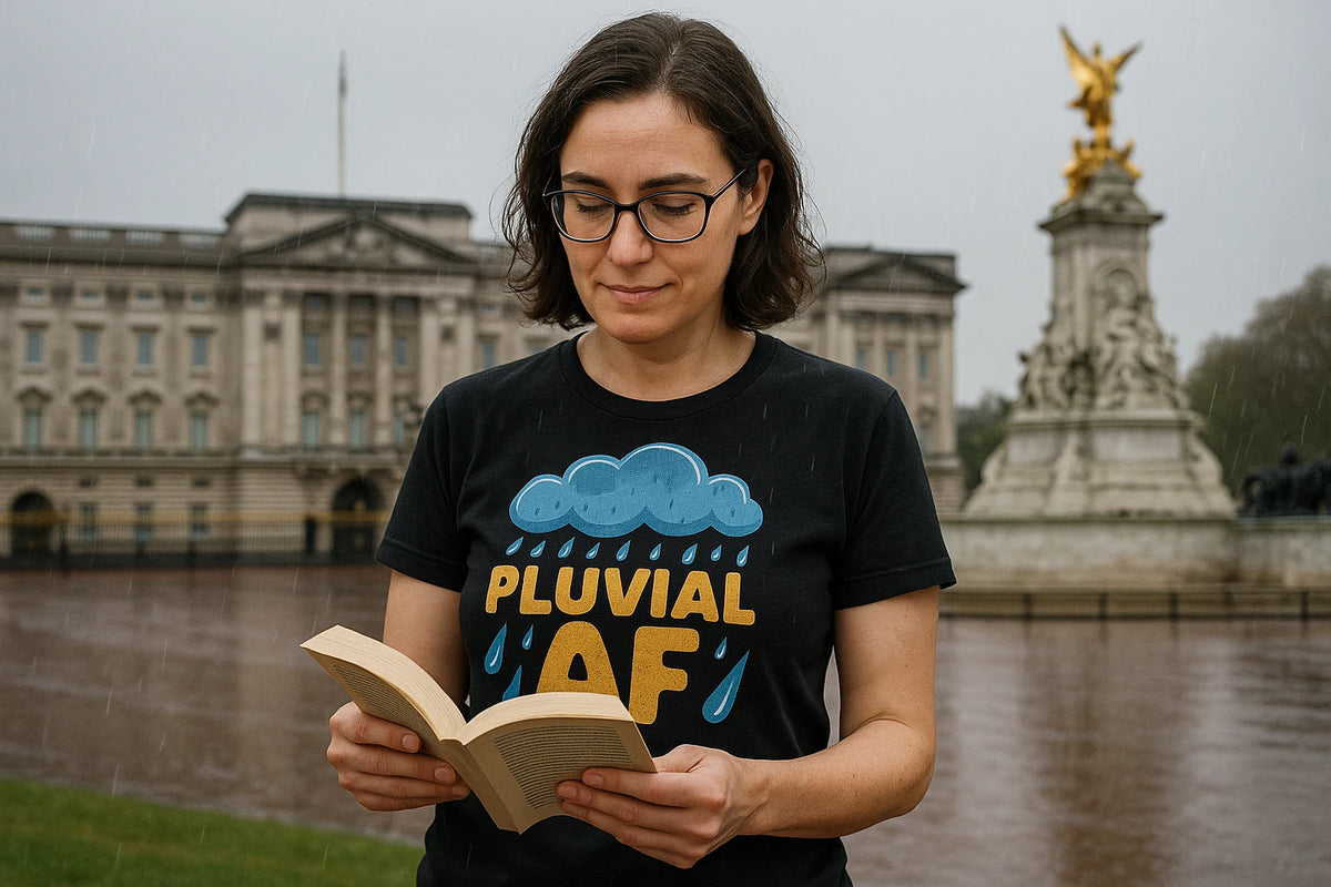 Lifestyle shot of the "Pluvial Af" black t shirt purple rain in a real-world setting