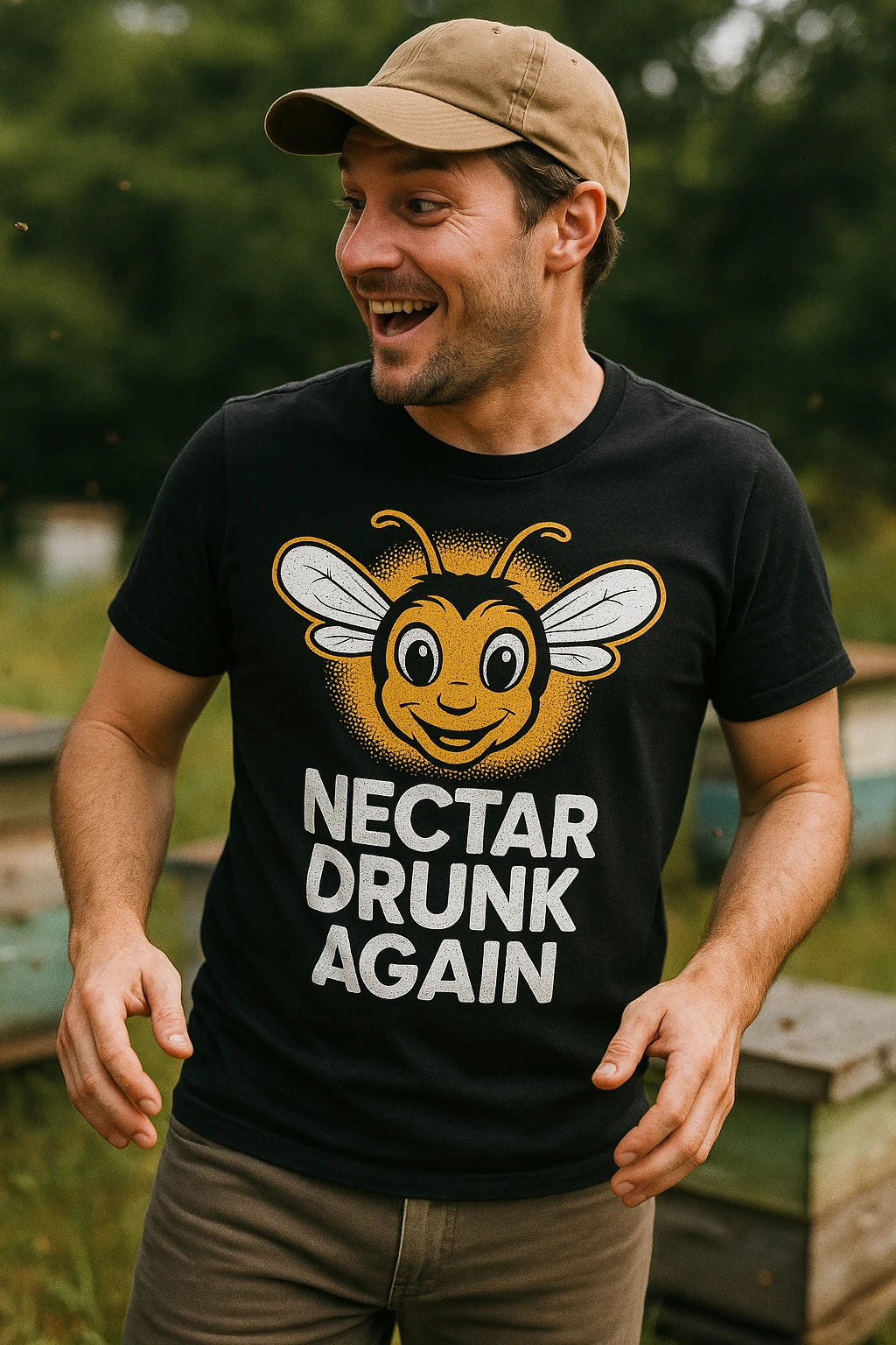 "Nectar Drunk Again" black bee t shirt - also a bee shirt for men
