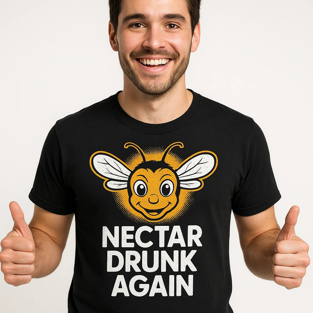 Close-up of the "Nectar Drunk Again" white print on a premium Bella+Canvas black bee t shirt