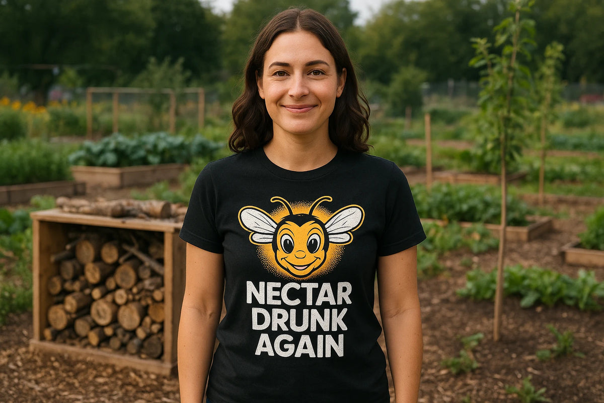 Lifestyle shot of the "Nectar Drunk Again" black bee t shirt in a real-world setting