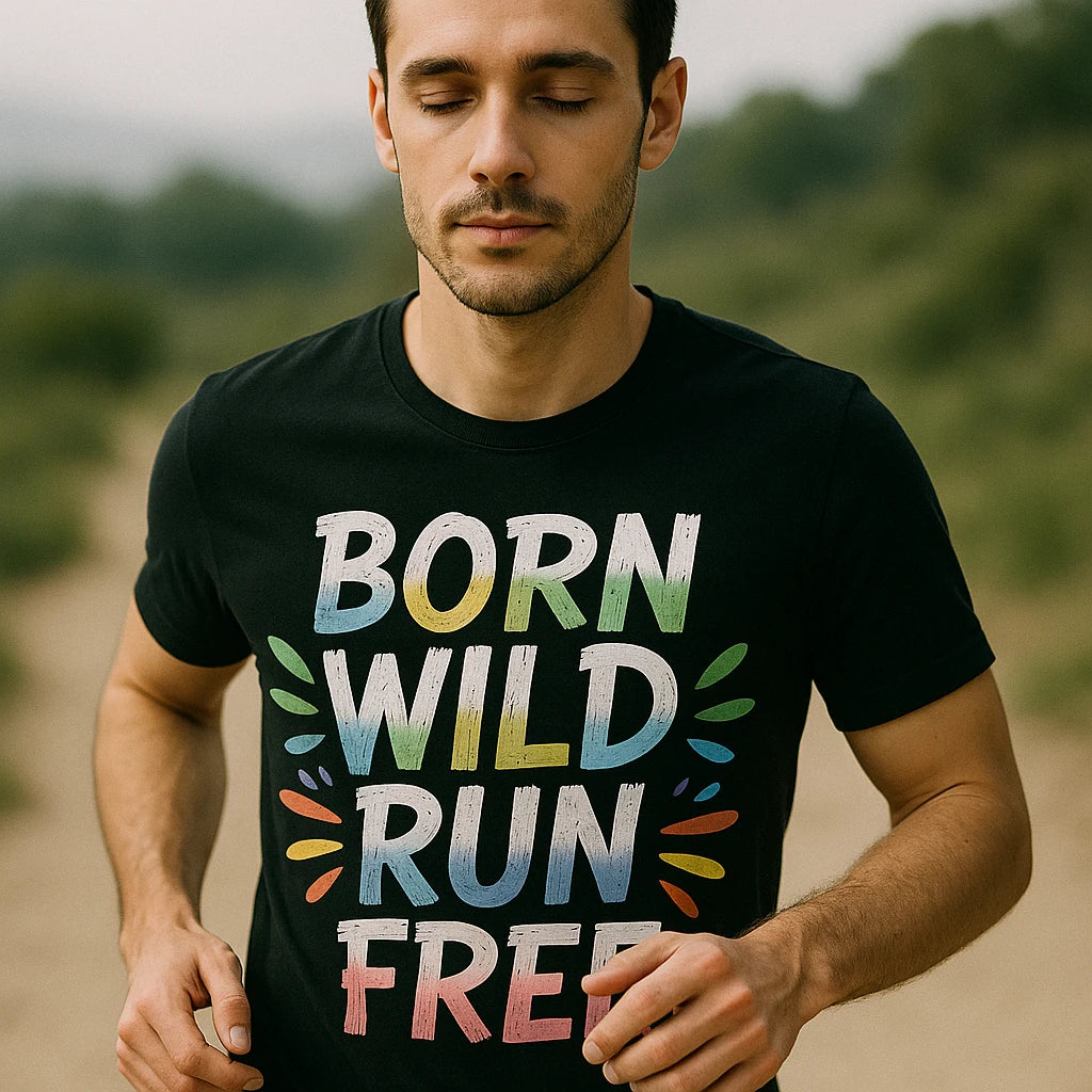 "Born Wild Run Free" black running tee - also a long sleeve running shirt for hot weather