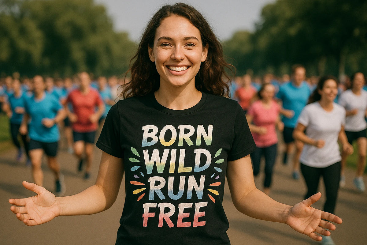 Lifestyle shot of the "Born Wild Run Free" black running tee in a real-world setting