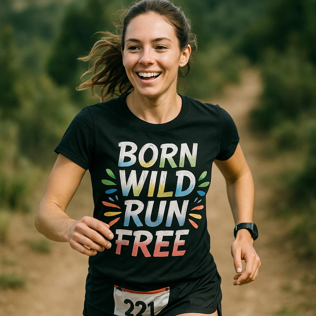 "Born Wild Run Free" black running tee, photographed as gifts for running lovers