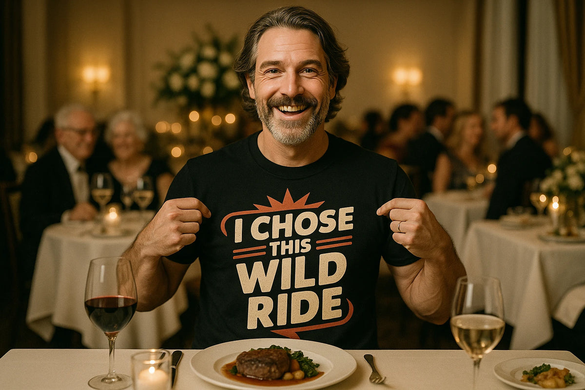 Lifestyle shot of the "I Chose This Wild Ride" black relationships shirts in a real-world setting