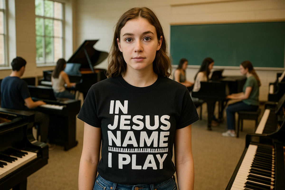 Lifestyle shot of the "In Jesus Name I Play" black piano shirts in a real-world setting