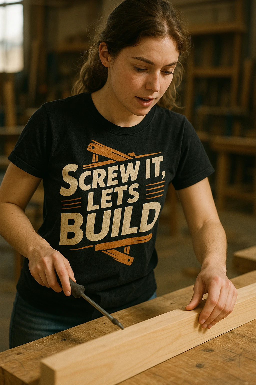 "Screw It Lets Build" black carpentry shirts - also a carpentry gifts for dad