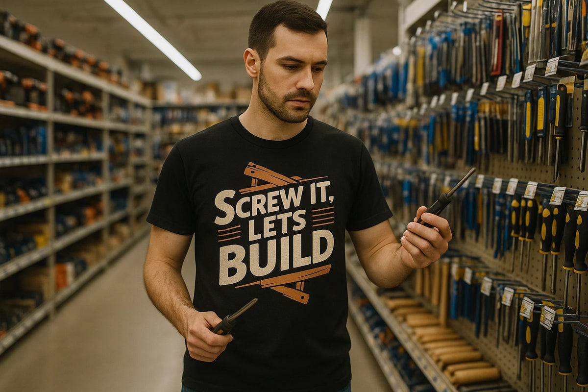Lifestyle shot of the "Screw It Lets Build" black carpentry shirts in a real-world setting