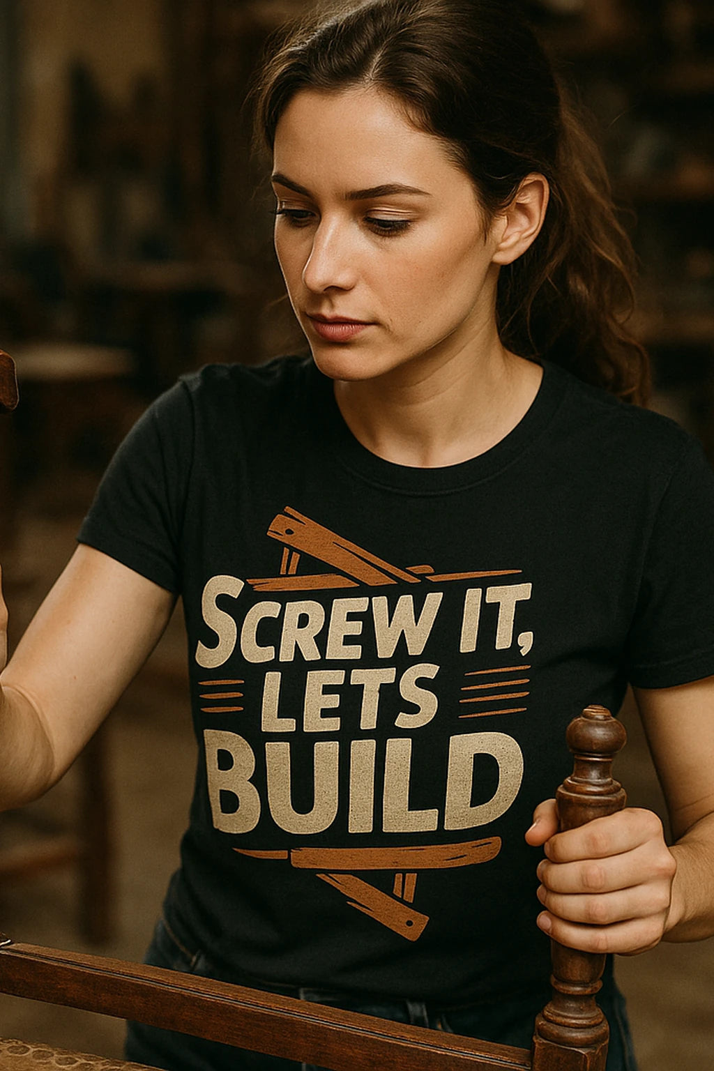 "Screw It Lets Build" black carpentry shirts, photographed as carpentry gift